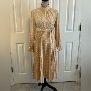 Shein tan Polka Dot high ruffled neckline & Pleated skirt Dress small
